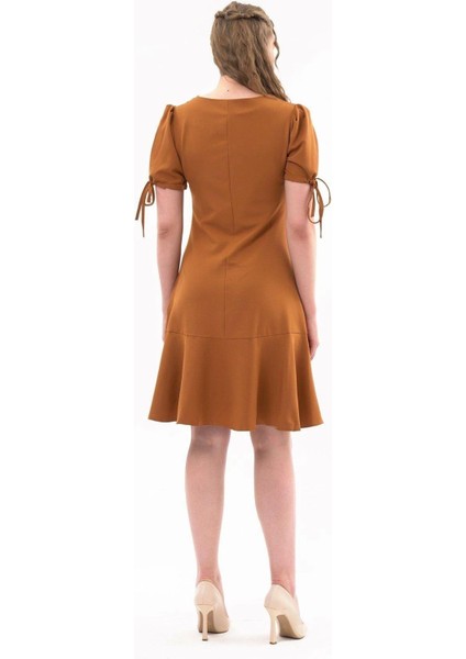 Kadın Taba Pileli kol Bağlama Detaylı Volanlı Midi Boy Elbise 3812-100 fırsatları