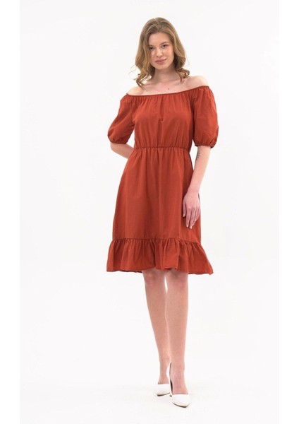 Kadın Kiremit Beli Lastikli Tery Coton Elbise 4367-95 modelleri