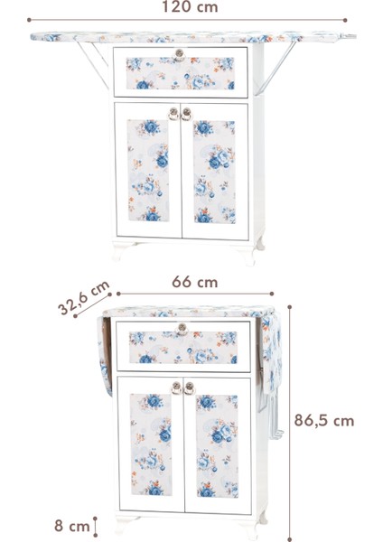 Rose Beyaz Katlanır Dolaplı Ütü Masası Mavi Çiçek Desenli indirimleri