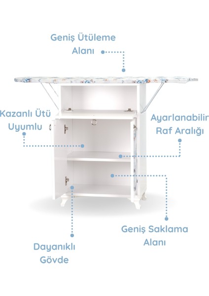 Rose Beyaz Katlanır Dolaplı Ütü Masası Mavi Çiçek Desenli