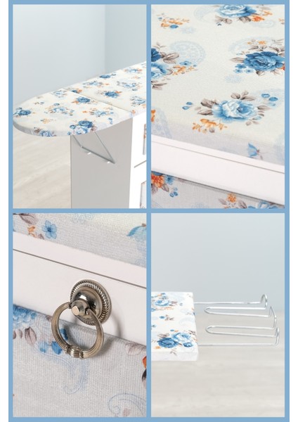 Rose Beyaz Katlanır Dolaplı Ütü Masası Mavi Çiçek Desenli