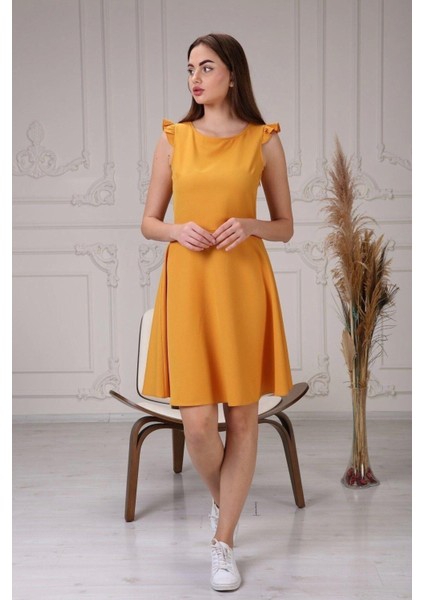 Kadın Renk Hardal Omuz Detaylı Midi Boy Elbise 4321-95