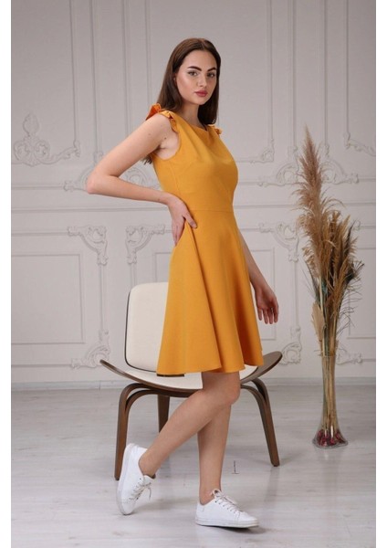 Kadın Renk Hardal Omuz Detaylı Midi Boy Elbise 4321-95 modelleri