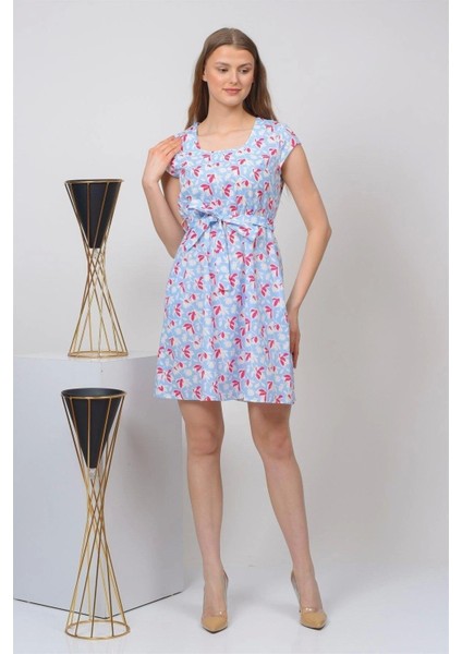 Kadın Mavi kare Yaka cep Detaylı Mini Elbise 4434-97