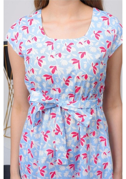 Kadın Mavi kare Yaka cep Detaylı Mini Elbise 4434-97 fiyatları