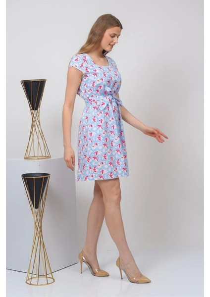 Kadın Mavi kare Yaka cep Detaylı Mini Elbise 4434-97 modelleri