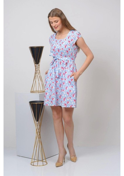 Kadın Mavi kare Yaka cep Detaylı Mini Elbise 4434-97 fırsatları