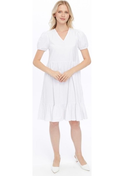 Kadın V Yaka Büzgülü Midi Cotton Elbise 4439/100