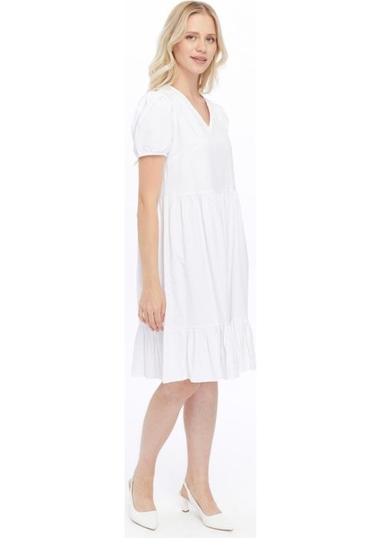 Kadın V Yaka Büzgülü Midi Cotton Elbise 4439/100 fiyatları