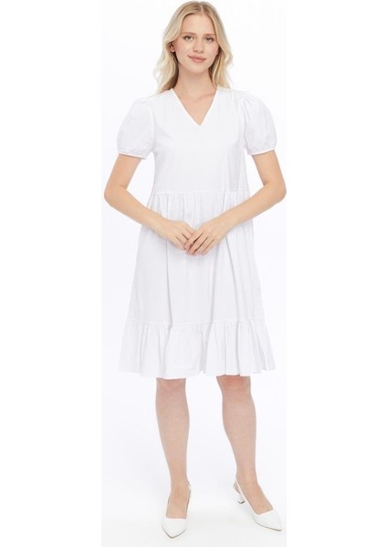 Kadın V Yaka Büzgülü Midi Cotton Elbise 4439/100 modelleri