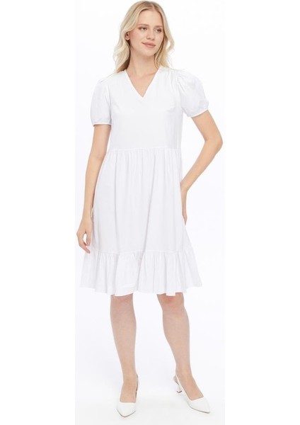 Kadın V Yaka Büzgülü Midi Cotton Elbise 4439/100 fırsatları