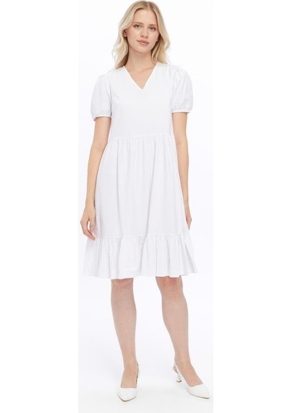 Kadın V Yaka Büzgülü Midi Cotton Elbise 4439/100 indirimleri
