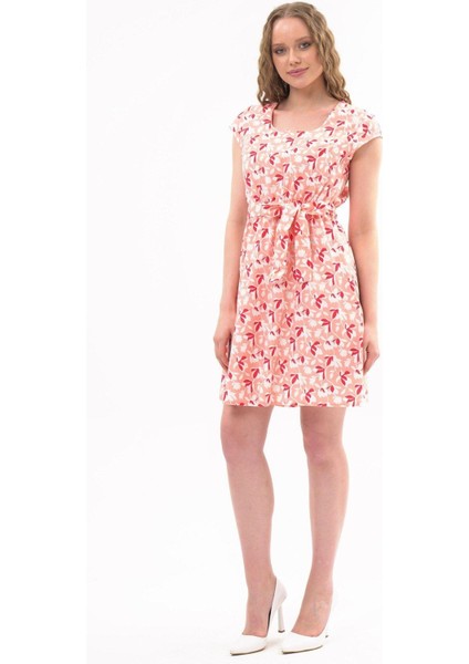 Kadın Somon kare Yaka cep Detaylı Mini Elbise 4434-97