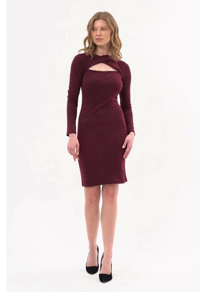 Kadın-Bordo Göğüs pencereli Uzun Kol Detaylı kısa Kışlık Triko Elbise 4463-95 fiyatları