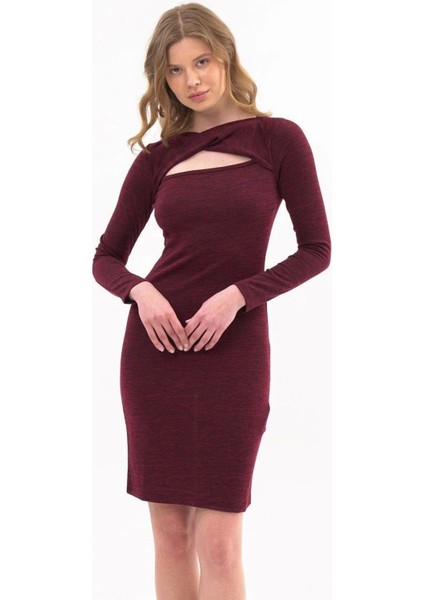 Kadın-Bordo Göğüs pencereli Uzun Kol Detaylı kısa Kışlık Triko Elbise 4463-95 indirimleri