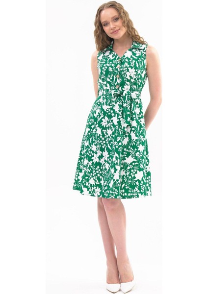 Kadın Zümrüt Yeşil Düğme Detaylı V Yaka Cotton Elbise 4405/105