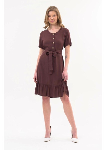 Kadın Elbise Kahve Renk Önden Düğme Detaylı Yazlık Midi Elbise 4437-105