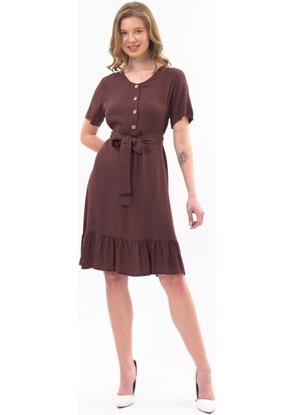 Kadın Elbise Kahve Renk Önden Düğme Detaylı Yazlık Midi Elbise 4437-105 fiyatları