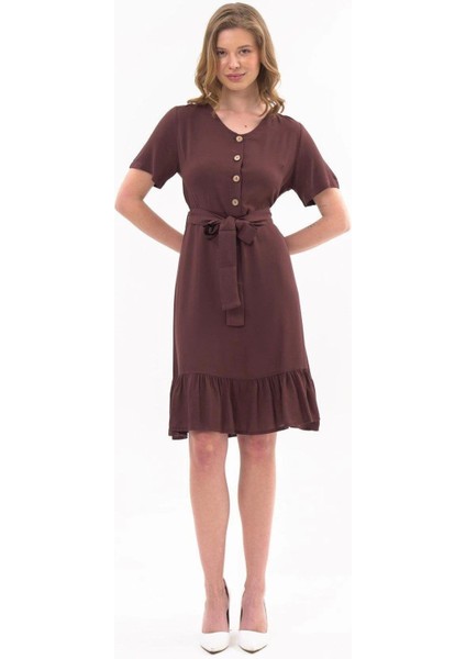 Kadın Elbise Kahve Renk Önden Düğme Detaylı Yazlık Midi Elbise 4437-105 modelleri