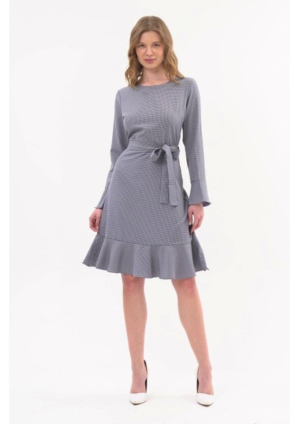 Kadın Volan Detaylı Uzun Kol Mevsimlik diz Boyu Elbise 4458-100