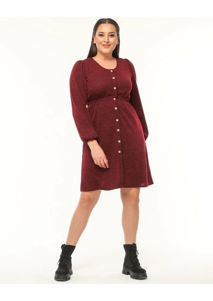 Kadın bordo Uzun Kollu Beli Lastikli Düğme Detaylı Triko Elbise 4482-105