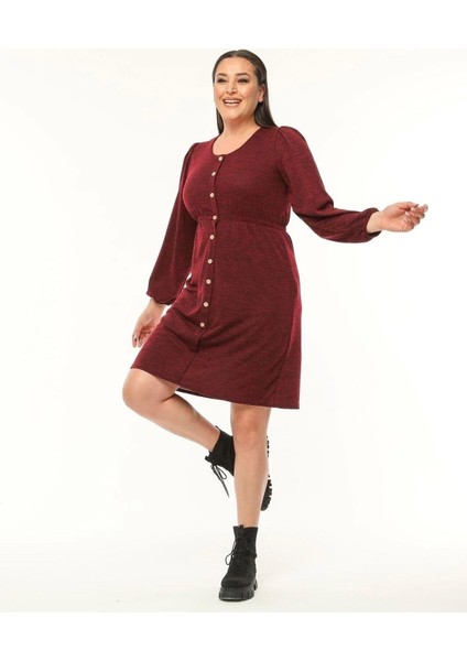 Kadın bordo Uzun Kollu Beli Lastikli Düğme Detaylı Triko Elbise 4482-105 fiyatları