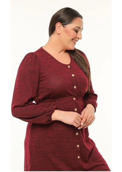 Kadın bordo Uzun Kollu Beli Lastikli Düğme Detaylı Triko Elbise 4482-105 fırsatları