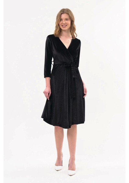 Kadın Kadife Siyah Kruvaze Yaka Midi Elbise 4484/110 fiyatları
