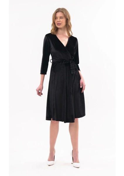 Kadın Kadife Siyah Kruvaze Yaka Midi Elbise 4484/110 indirimleri
