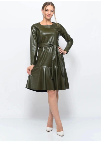 Kadın Bisiklet Yaka Bağlama Detaylı Deri Görünümlü Kışlık Siyah Elbise 4357-100