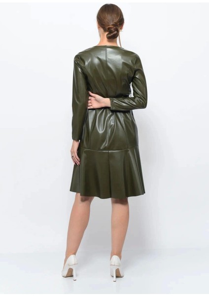 Kadın Bisiklet Yaka Bağlama Detaylı Deri Görünümlü Kışlık Siyah Elbise 4357-100 fırsatları