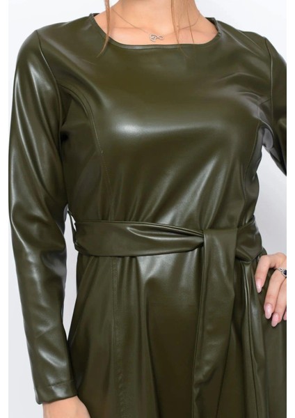 Kadın Bisiklet Yaka Bağlama Detaylı Deri Görünümlü Kışlık Siyah Elbise 4357-100 indirimleri