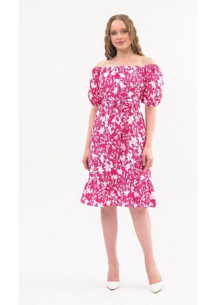 Kadın Fuşya Kayık Yaka Büzgülü Volan Detaylı Midi Yazlık Elbise 4473-105