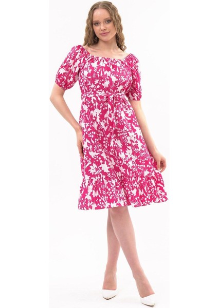 Kadın Fuşya Kayık Yaka Büzgülü Volan Detaylı Midi Yazlık Elbise 4473-105 fiyatları