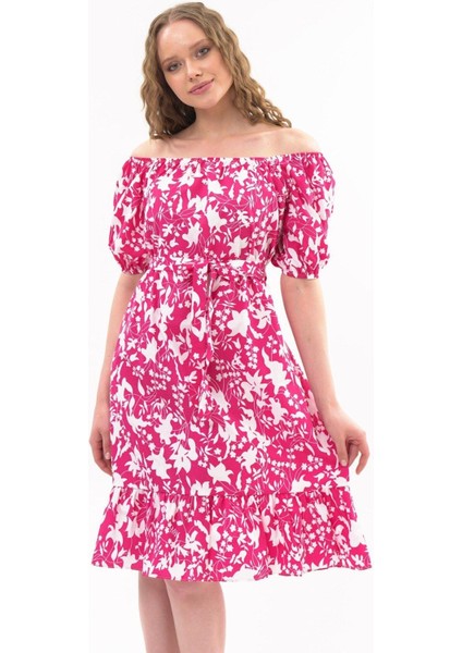 Kadın Fuşya Kayık Yaka Büzgülü Volan Detaylı Midi Yazlık Elbise 4473-105 fırsatları