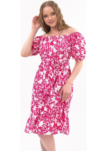 Kadın Fuşya Kayık Yaka Büzgülü Volan Detaylı Midi Yazlık Elbise 4473-105 indirimleri