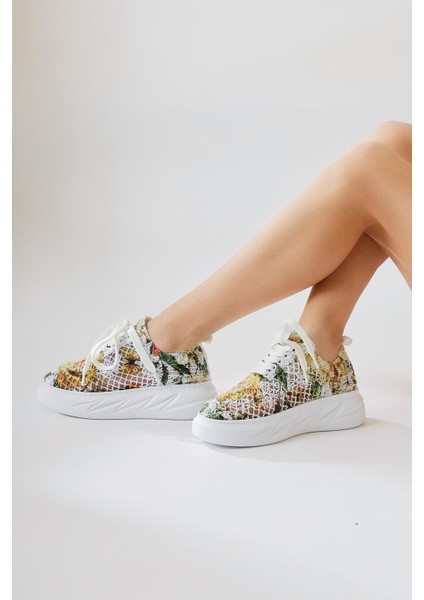 Biba Sarı Triko Desen Baskılı Bağcıklı Sneaker