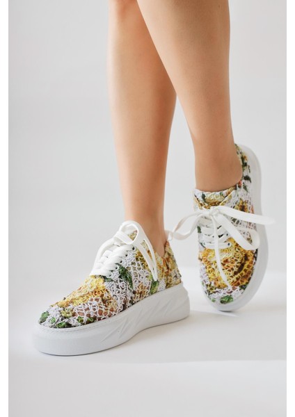Biba Sarı Triko Desen Baskılı Bağcıklı Sneaker fiyatları
