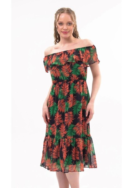 Kadın Desenli Madonna Yaka Midi Şifon Elbise 4448/115 modelleri
