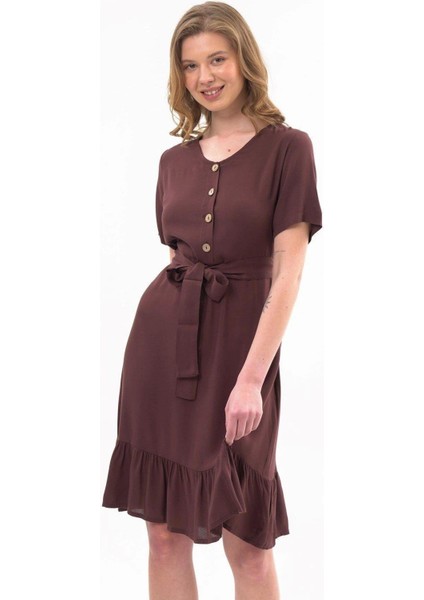 Kadın Elbise Kahve Renk Önden Düğme Detaylı Yazlık Midi Elbise 4437-105 indirimleri