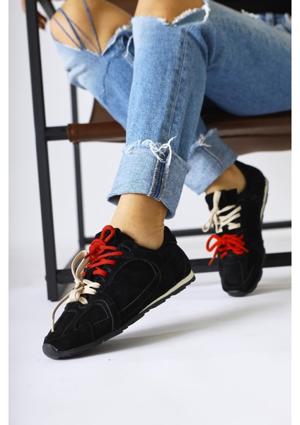 Hakiki Deri Sue Siyah Süet Çift Bağcıklı Sneakers