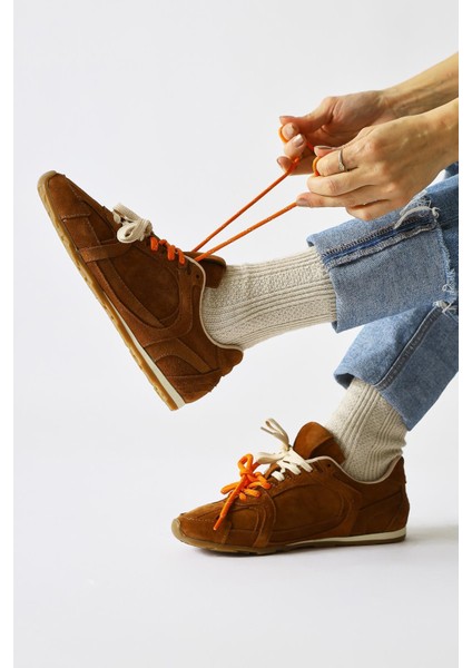 Hakiki Deri Sue Taba Süet Çift Bağcıklı Sneakers