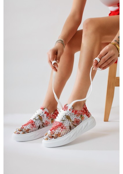 Biba Kırmızı Triko Desen Baskılı Bağcıklı Sneaker