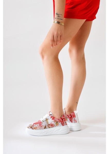 Biba Kırmızı Triko Desen Baskılı Bağcıklı Sneaker indirimleri