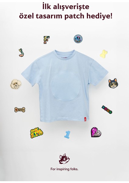 Unisex, 100% Koton, Çocuk, Oversize, Janti Fox Patchleriyle Tasarlanabilir Mavi T-Shirt