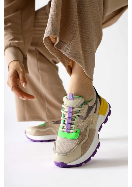 Netta Çok Renkli (Yeşil) File Detaylı Bağcıklı Sneakers