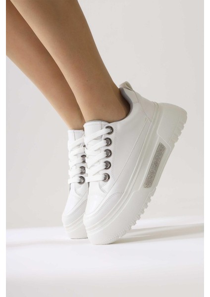 Rosella Beyaz Kalın Tabanlı Taş Detaylı Bağcıklı Sneakers fiyatları