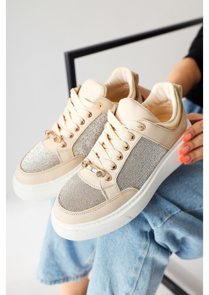 Sonnie Krem Kalın Tabanlı Taş Detaylı Sneakers modelleri