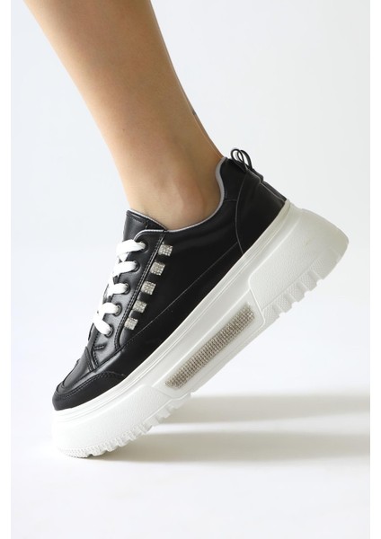 Tram Siyah Kalın Tabanlı Taş Detaylı Bağcıklı Sneakers