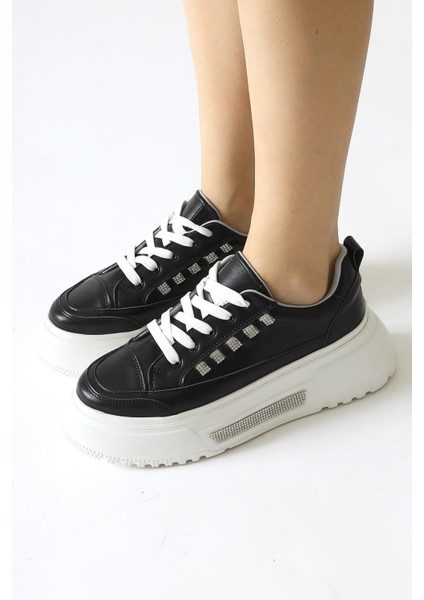 Tram Siyah Kalın Tabanlı Taş Detaylı Bağcıklı Sneakers modelleri